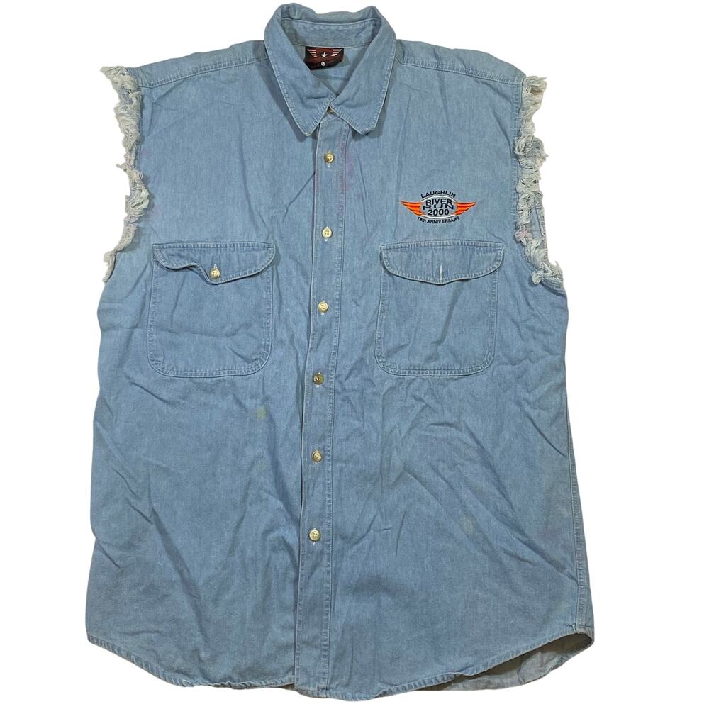 Bikers World Laughlin River Run 2000 Denim Vest Tank Top Large Distressed